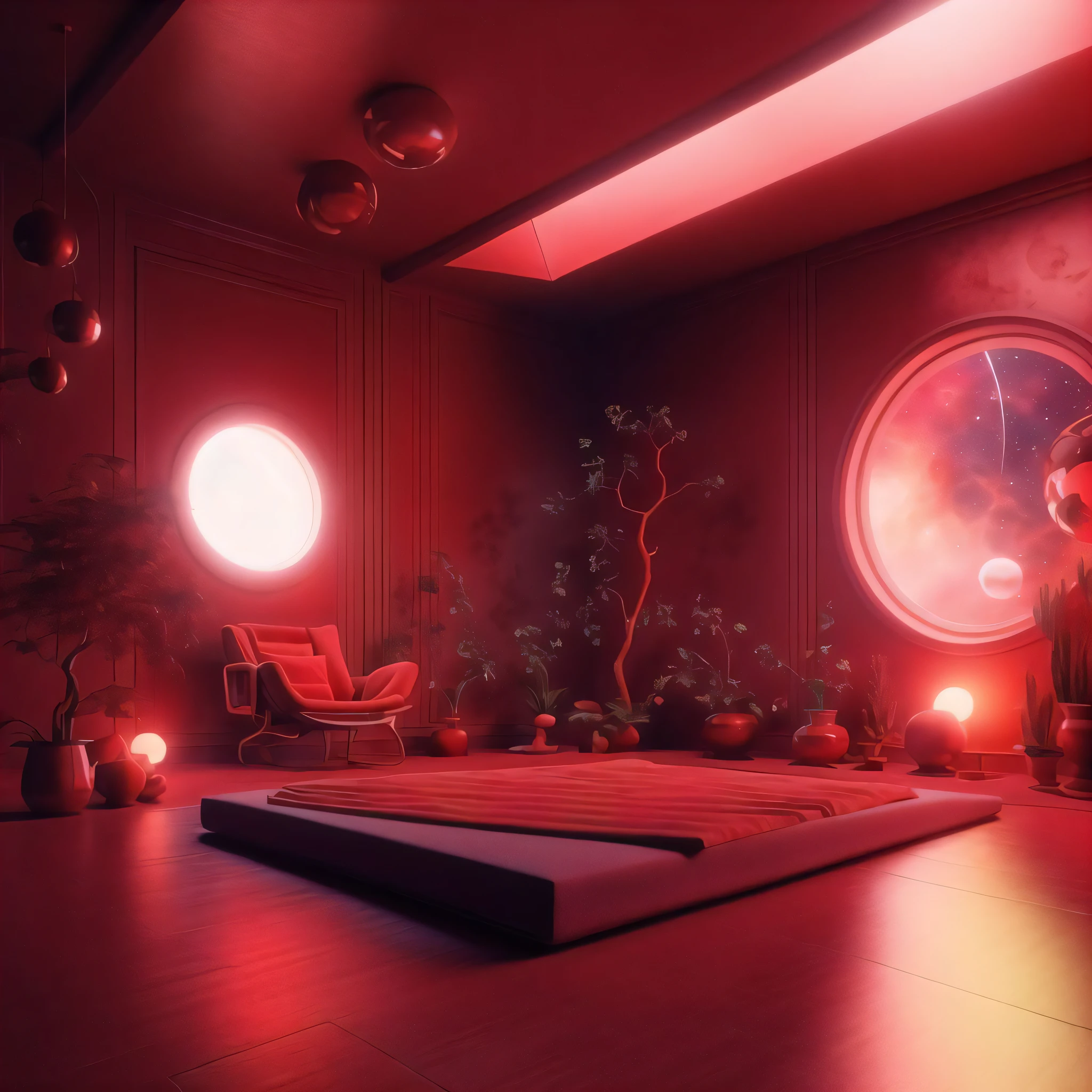 retrofuturism interior design,
moody crimson color scheme
, 
 
Meditation room - A peaceful and serene room designed for quiet reflection and meditation. The room features soft lighting, a comfortable cushion, and a calming color scheme. The space is free from distractions, allowing for deep relaxation and focus.