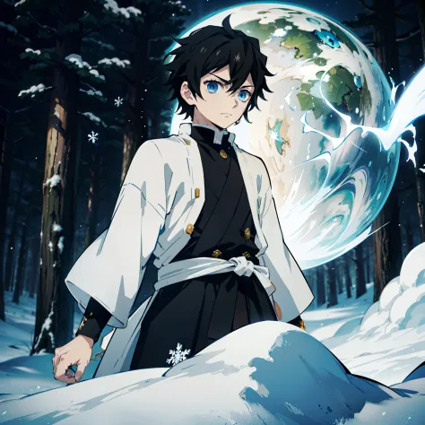 the anime, (Best Quality), ((1guy)) , The boy stands still (Young and young), (Snowy forest with sunrise), (((Very short black h...