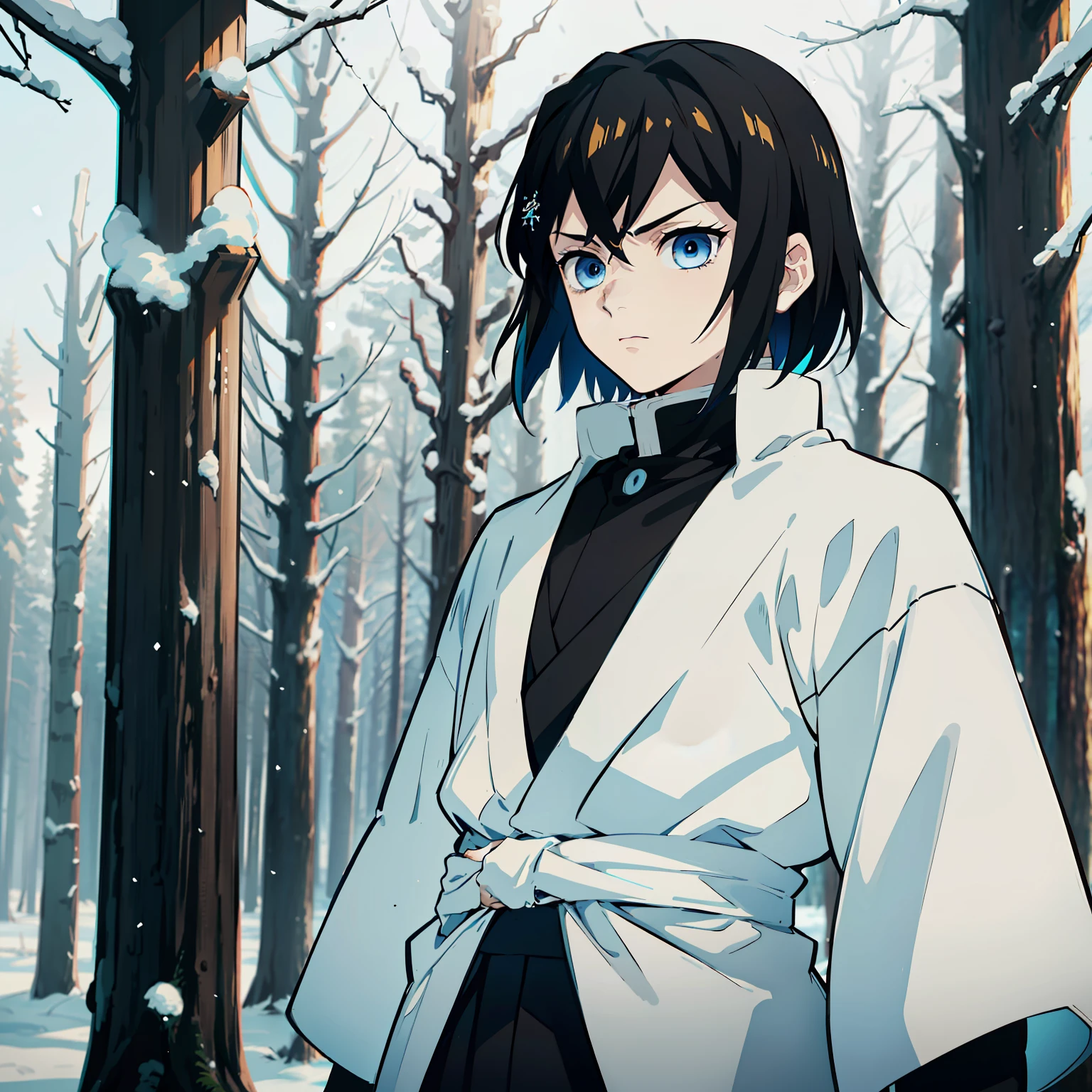 the anime, (Best Quality), ((1guy)) , The boy stands still (Young and young), (Snowy forest with sunrise), (((extremely short hair))), (((black hair))), (((Without bangs))), ((Impassive blue eyes)), japanese clothes, Open black coat ((Black with snowflake pattern)), ((hem at the waist)), The Art of the Demon Slayer, demon slayer artstyle, kimetsu no yaiba, ((close - up)), ((portraite of a))