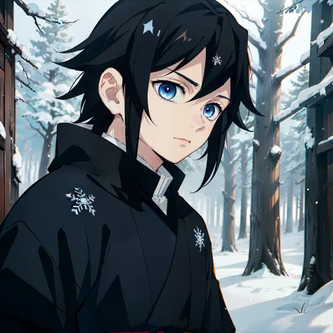 the anime, (Best Quality), ((1guy)) , The boy stands still (Young and young), (Snowy forest with sunrise), (((Very short black h...