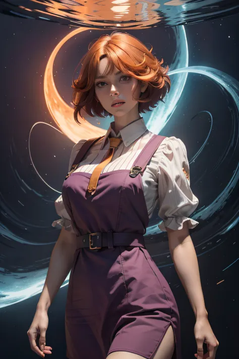 concept art, overhead angle of a Will-o'-the-wisp, wearing Funny Somali Emerald deep orange Pinafore, Caramel hair styled as Short hair, fluorescent purple Hair tie, equirectangular 360, Highres,  [(art by Willi Baumeister:1.1), (art by John T. Biggers:1.2...