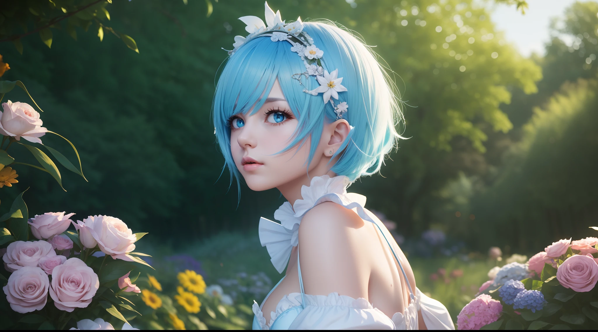 focused upper body, 1 girl, rem, maid costume, big breast bust, sparkling eyes, (((garden background))), Colorful beautiful girl: light blue hair, nice perfect face with soft skinice perfect face, intricate detail, splash screen, 8k resolution, masterpiece, artstation digital painting smooth, 8k resolution photorealistic masterpiece, professional photography, natural lighting, volumetric lighting maximalist photoillustration: by marton bobzert