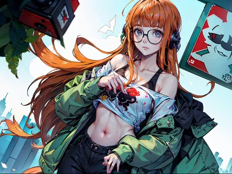 ((tmasterpiece)), (beste-qualit), (detailed), (1 girl), futaba, futaba sakura, white top, green jacket on top, bellybutton, off-...