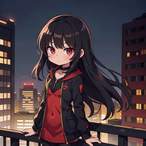 cute loli with long black hair, red glowing eyes, small body, black suit, standing on balcony overlooking city skyline at night