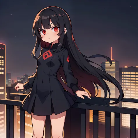 cute loli with long black hair, red glowing eyes, small body, black suit, standing on balcony overlooking city skyline at night