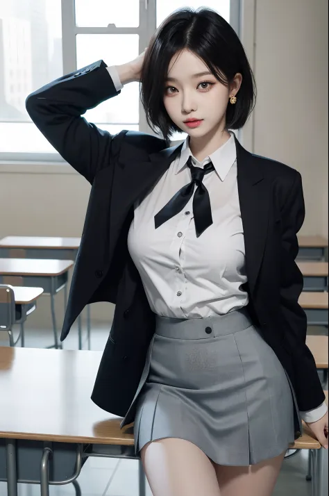 8K RAW photo, high resolution, 21 year old cool Korean, big round breasts, school uniform, tie, tie ribbon, blazer, skirt, beaut...