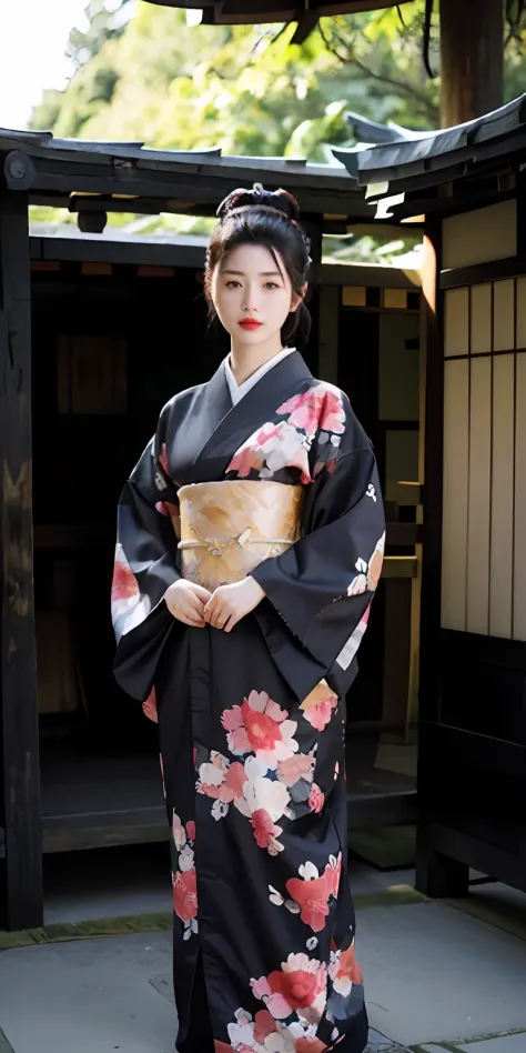 (black kimono:1.2),(japanese clothes:1.2),(floral print),(long sleeves),1 girl,full body,(short hair),(realistic:1.7),((best qua...