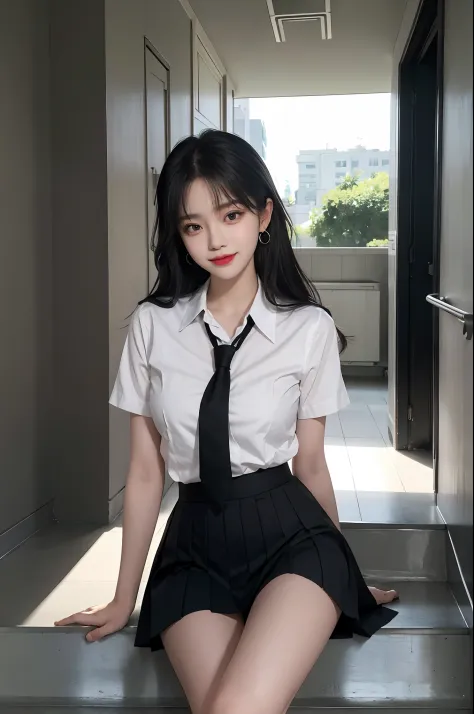 Gray eyes, Korean school uniform, summer school uniform shirt, ribbon tie, skirt, bright blonde, school stairs, going down schoo...