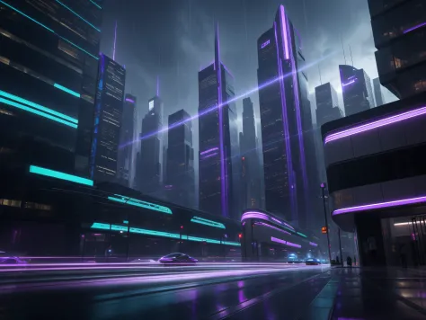 A futuristic and distracting city, with large buildings that defy gravity with their aesthetic designs and illuminated with violet colors, purple, azules y verdes. The lights of futuristic photograph-type vehicles are reflected in the pavement by the rain ...