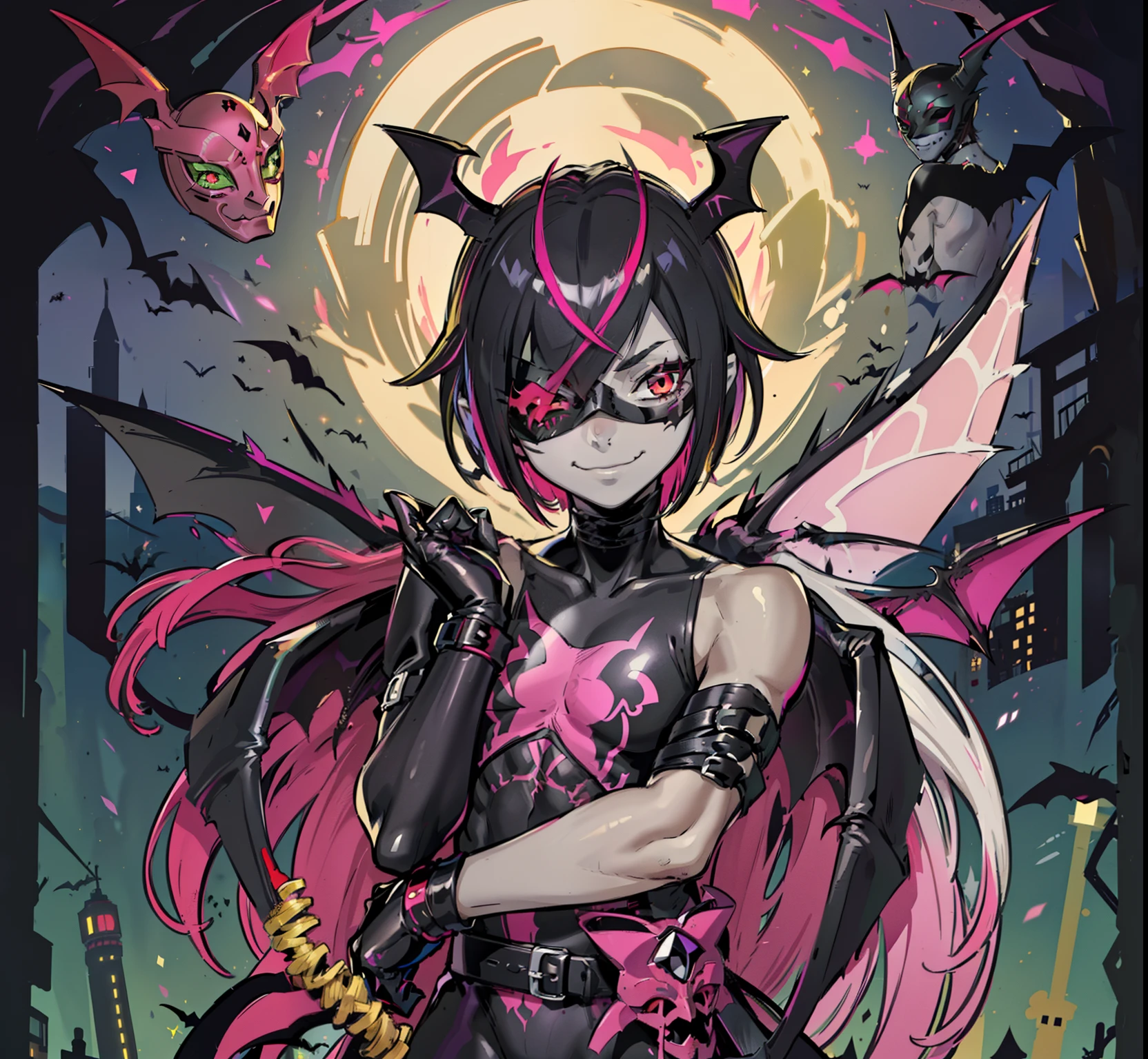 (masterpiece, best quality:1.2),solo, ((1boy:1.5)), ((lilia vanrouge as a Digimon)), full body ,Mischievous smile, looking at viewer, multicolored hair, black hair, streaked pink hair,((Anthro Bat)),(( fairy)), ((Demonic)), ((Pink and Black Body))digimon\(creature\),(( mask covering Eyes)) gloves, black shirt
wings, sparkling clothing, ((Grey skin))
