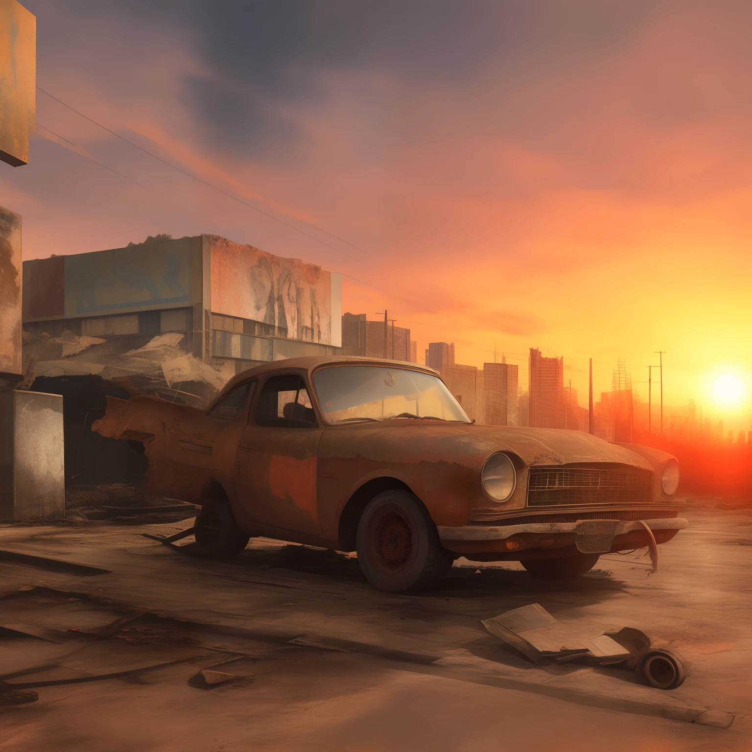 Captured on positive film, the sun casts a warm glow on a post-apocalyptic landscape where remnants of human civilization peek through the encroaching wilderness. Crumbling structures, faded signs, and abandoned vehicles evoke a sense of nostalgia and melancholy for a bygone era.