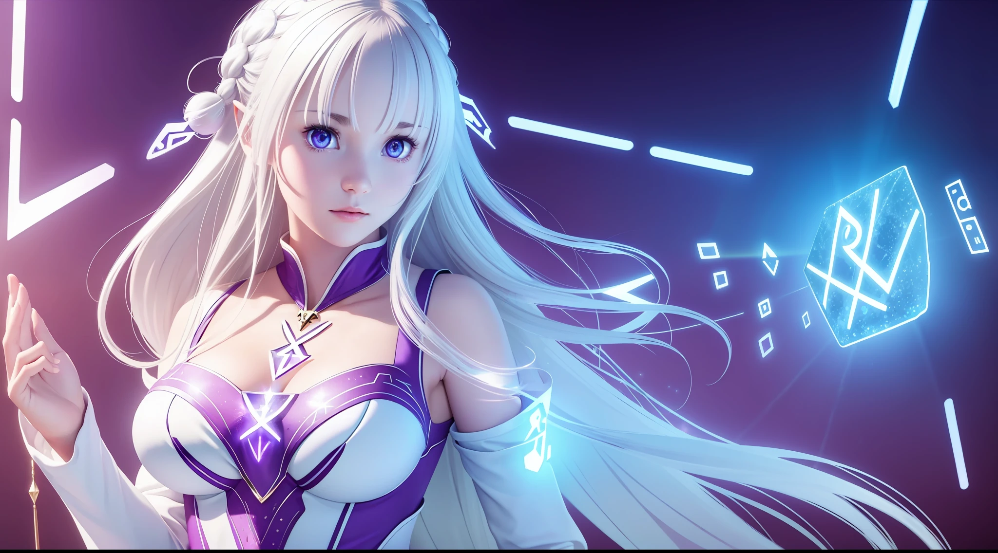 focused upper body, 1 girl, emilia, cute white and purple costume, big breast bust, sparkling eyes, (((magic rune background))), Colorful beautiful girl: light silver hair, nice perfect face with soft skinice perfect face, intricate detail, splash screen, 8k resolution, masterpiece, artstation digital painting smooth, 8k resolution photorealistic masterpiece, professional photography, natural lighting, volumetric lighting maximalist photoillustration: by marton bobzert