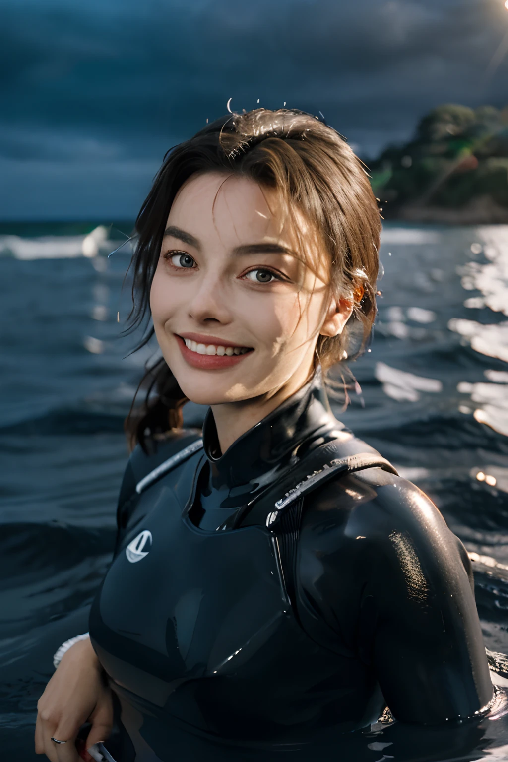 Margot Robbie, 1 garota, Retrato, Face, profundidade de campo, sorriso, roupa de neoprene, mar, noite, à tona, ondas,