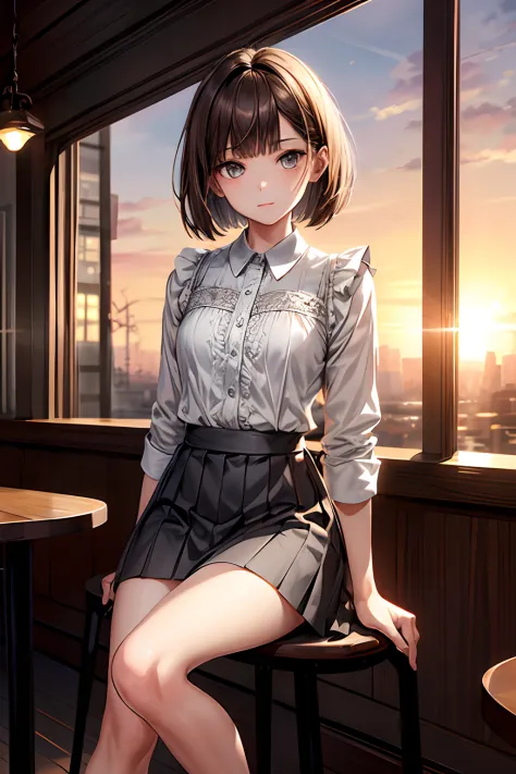 (masterpiece,finely detailed beautiful grey eyes: 1.2),(no lineart:1.2),1girl,backlighting,portrait,brown hair,bob cut,cotton ruffle shirt,sky,sunset,cafe,skirt,knees,chatting