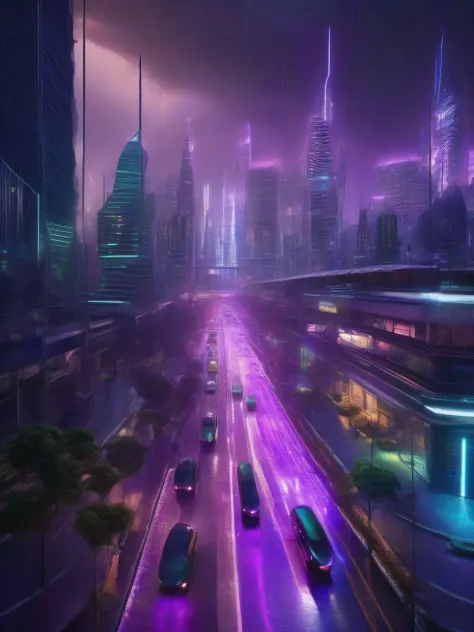 A futuristic and distracted city, with large buildings that defy gravity with their aesthetic designs and illuminated with violet colors, morado, azules y verdes. The lights of futuristic photography vehicles are reflected on the pavement by the rain that ...