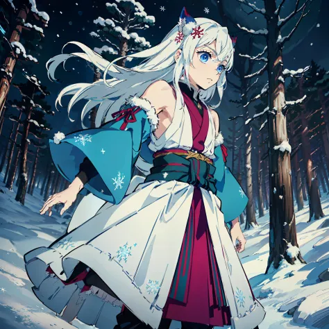 anime, (bestquality), 1 Kuk, Stand still., (Wide shoulders), (Snow-covered forest with sunset), Tangle black hair (short), ((Inv...