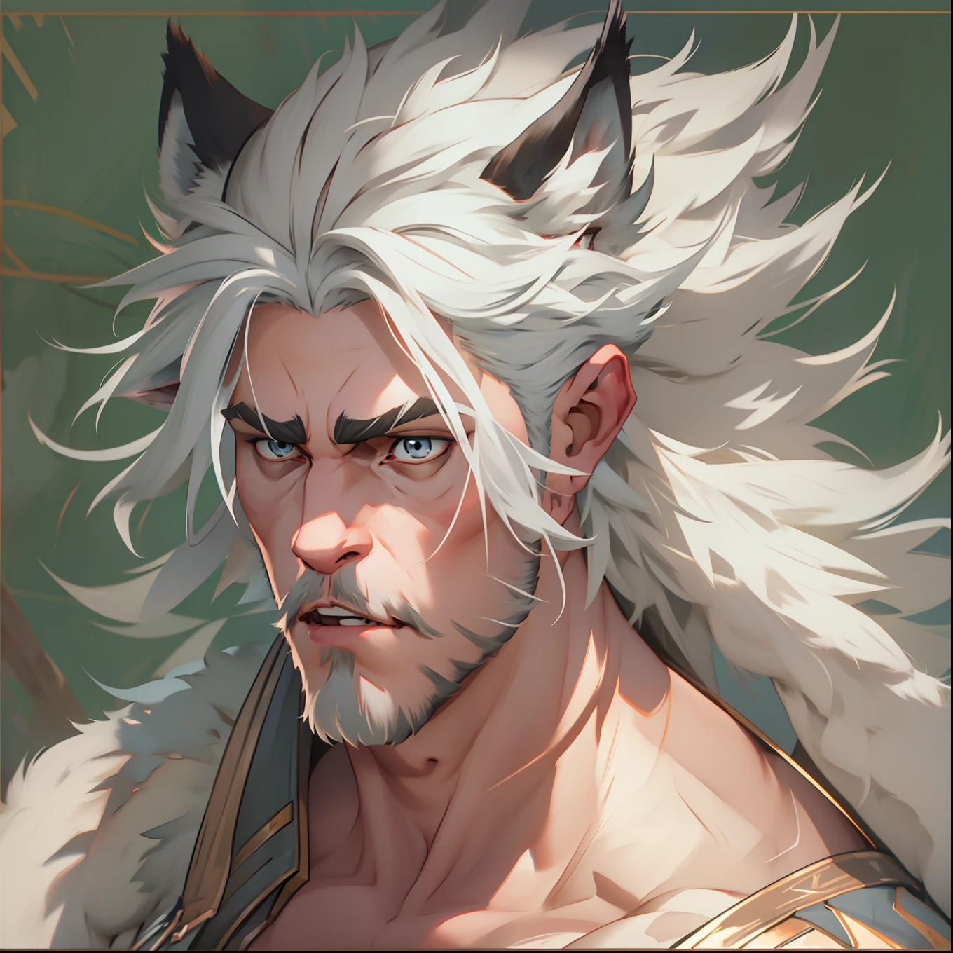 muscular Male with light beard, flowing white hair, has wolf ears, has wolf tail, shirtless, playful, solo, alone, has goofy look on his face, himbo
