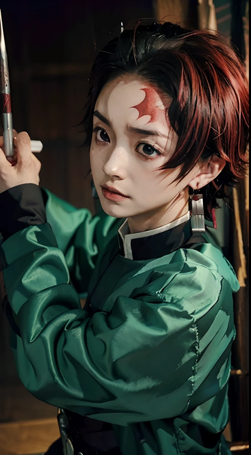 1 boy , Ghost Slayer Uniforms, Tanjiro Kamado, Demon Slayer, Red hair, scar on forehead, earrings, Holding a knife, (Tai Dao), Yu Feng,