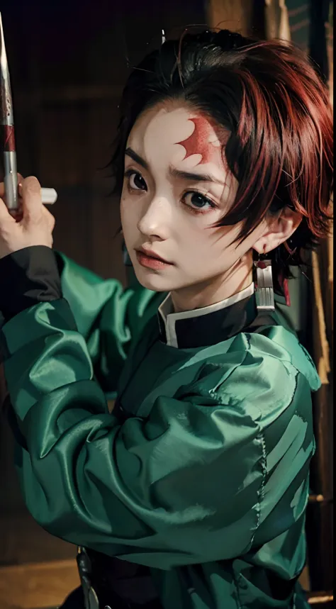 1 boy , ghost slayer uniforms, tanjiro kamado, demon slayer, red hair, scar on forehead, earrings, holding a knife, (tai dao), y...