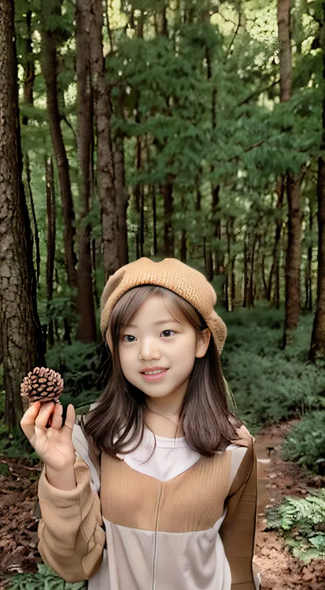 there was a young girl holding a pine cone in the woods., kid, girl walking in the woods, child, youthful, young asian girl, you...