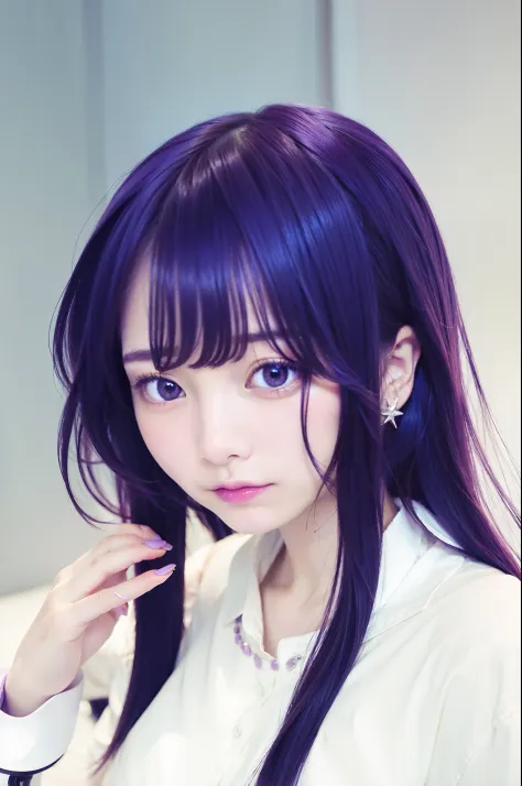 1girl, ai hoshino, oshi no ko, star purple eyes, long purple hair, attribute white, beautiful, realistis, ultra detail,