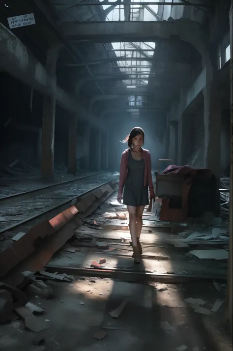 a girl walking through factory ruins, indoors,train station,spotlightes,photorealistic, realistic, dark, horror, frightening,