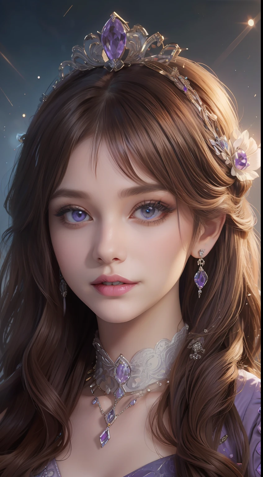 tmasterpiece，Highest image quality，Beautiful bust of a royal lady，Delicate brown hairstyle，Violet eyes are clear，Embellished with a dazzling array of intricate jewelry，super detailing，upscaled。