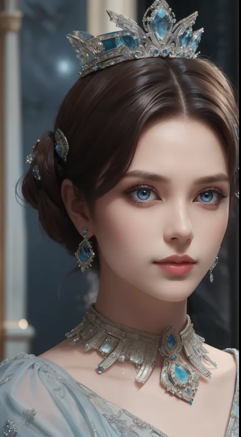 tmasterpiece，Highest image quality，Beautiful bust of a royal lady，Delicate chocolate-colored hairstyle，blue grey eyes，Embellished with a dazzling array of intricate jewelry，super detailing，upscaled。
