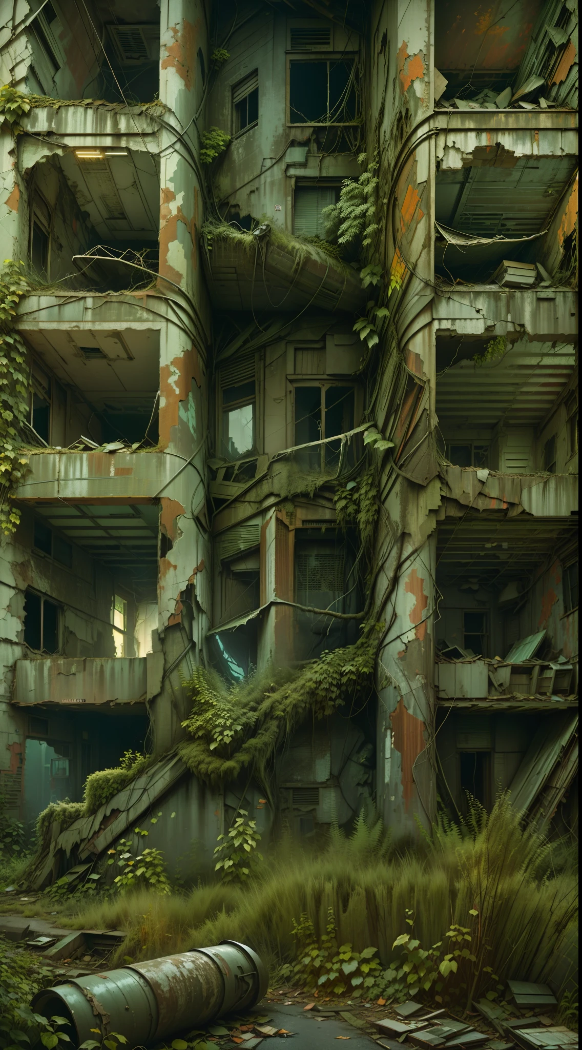 制作一张专业的 8K 照片，让观众仿佛置身于废弃的森特勒利亚城. 使用低摄影角度来捕捉摇摇欲坠的建筑物的宏伟. 添加自然元素融入建筑, 比如从裂缝中长出的蔓生植物和树木, 传达出城市被自然吞噬的感觉.