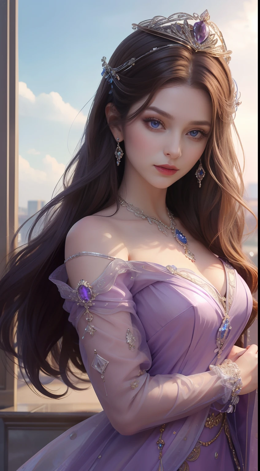 杰作，最高图像质量，一位皇家贵妇的美丽半身像，精致的棕色发型，紫罗兰色的眼睛清澈，饰有令人眼花缭乱的精美珠宝，超级细节，升级版。