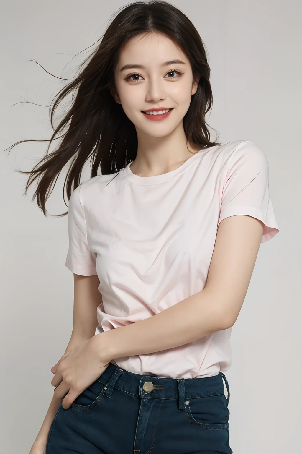 green shirt, blue jeans, 1girl, moyou,hyper realistic, plain background pink, happy expression,clear image, real photo, no watermark, photo, 4k HD,