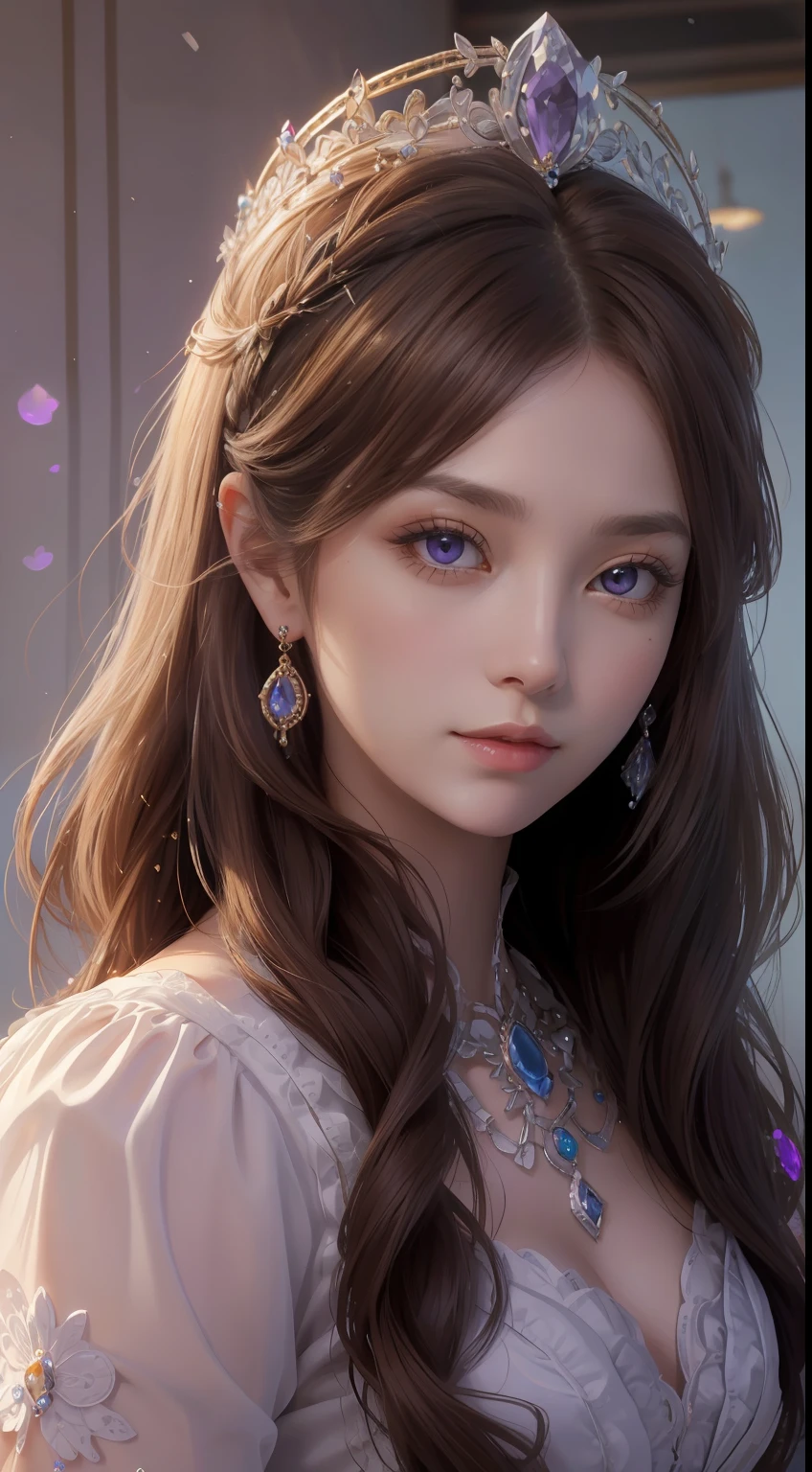 tmasterpiece，Highest image quality，Beautiful bust of a royal lady，Delicate brown hairstyle，Violet eyes are clear，Embellished with a dazzling array of intricate jewelry，super detailing，upscaled。