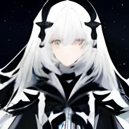 1girl,Gemini,half black and half white long hair,mysterious,black and white eyes,2d,exotic outfit,patterned,black and white combination outfit, cosmic background stars