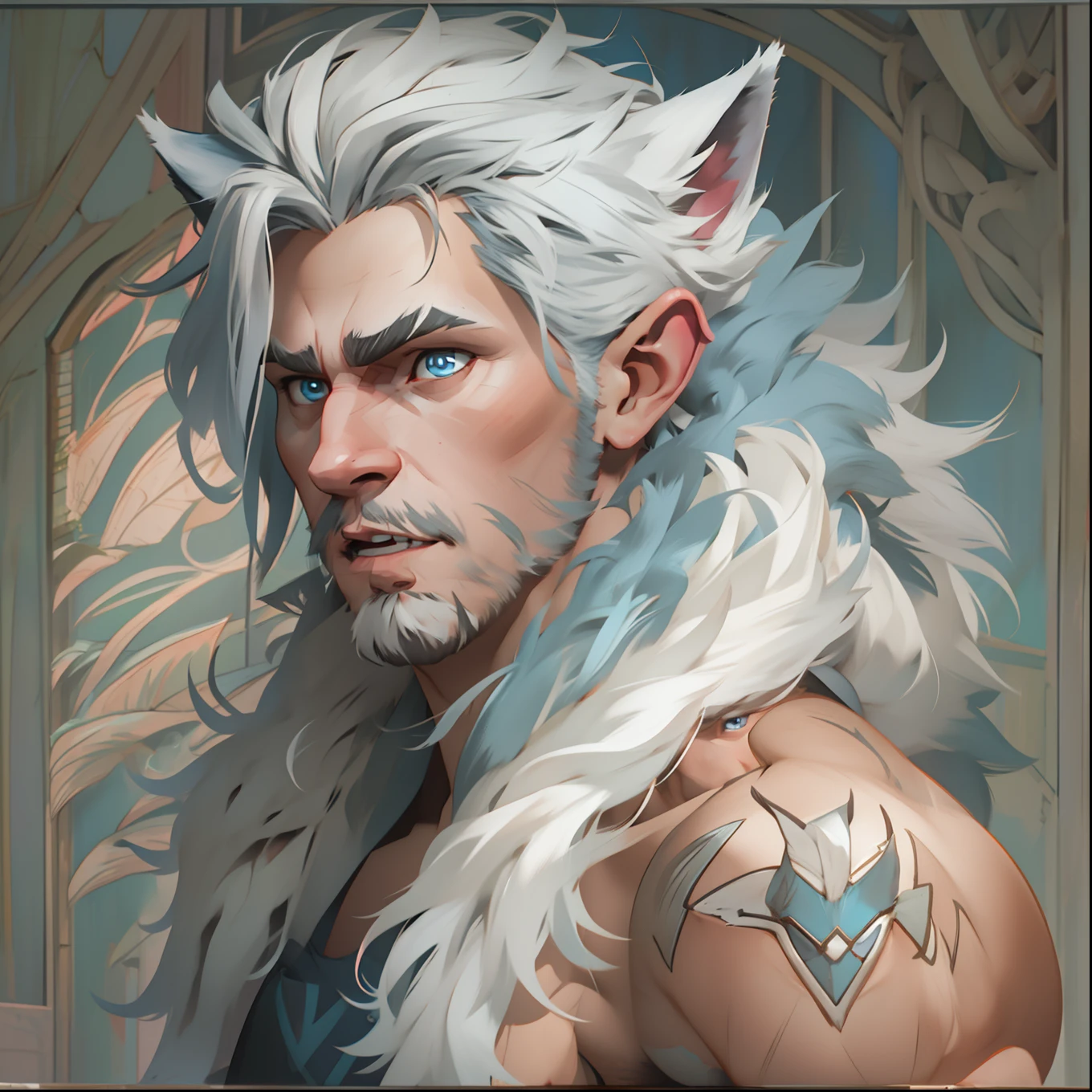 athletic young adult Male with light beard, has flowing white hair, has wolf ears, has wolf tail, shirtless, playful, solo, alone, has goofy look on his face, has bright blue eyes, wearing loose weathered jeans, barefoot