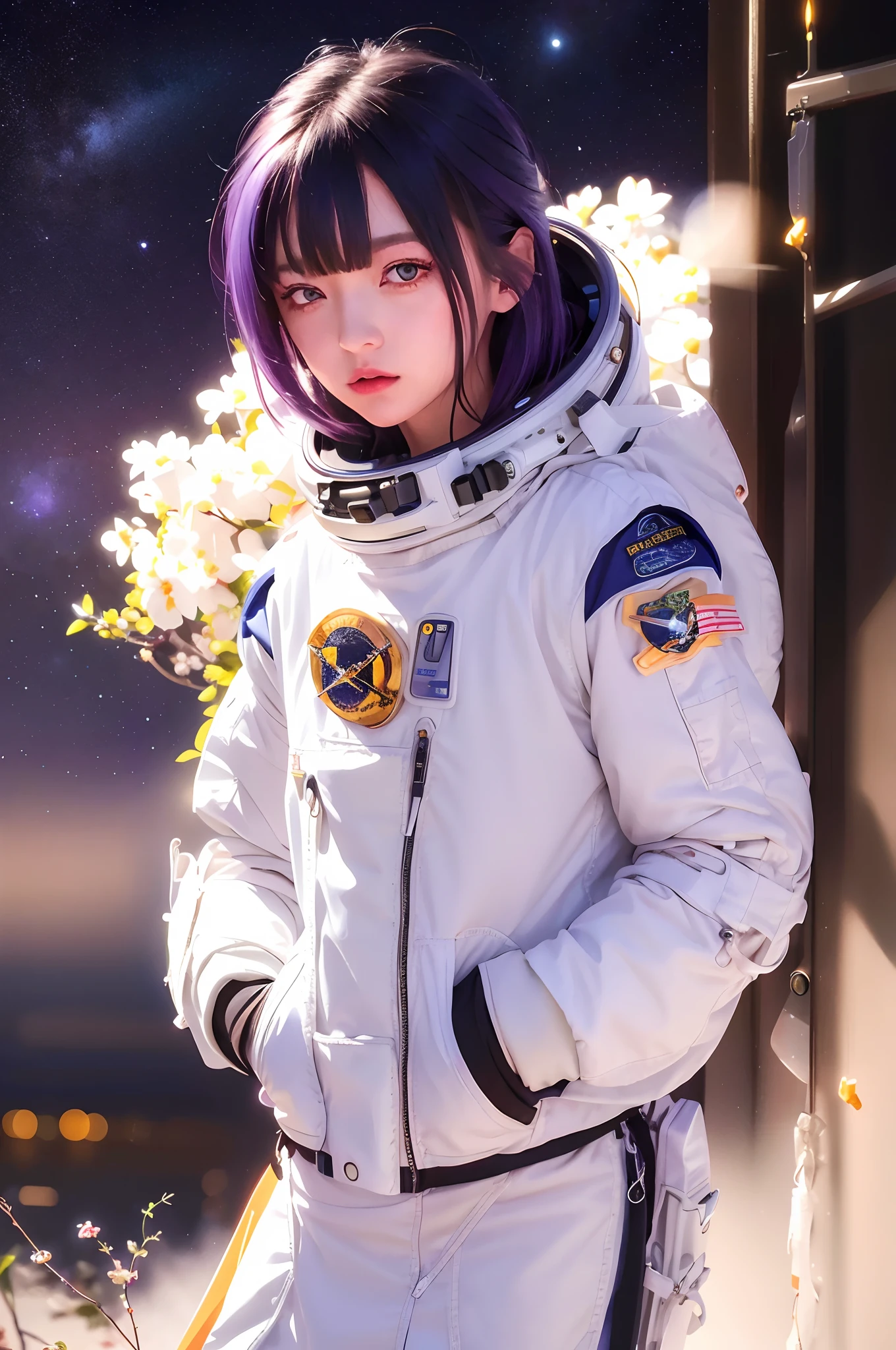 Femme d&#39;Arad en combinaison spatiale debout devant un arbre, portrait anime fille cadet de l&#39;espace, fille dans l&#39;espace, Portrait Astronaute Blindé , dans une tenue de cadet de l&#39;espace, porter des vêtements techniques spatiaux, portrait d&#39;un astronaute IAe, inspiré de Leng Mei,  astronaute, porter une combinaison spatiale, Oeuvre de style Guviz, inspiré par Ayami Kojima