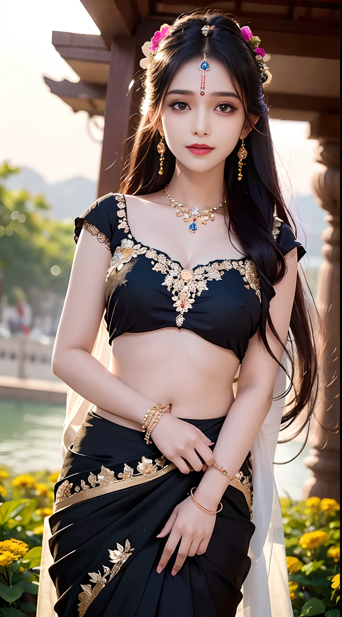 8K, ultra high detailed, an indian girl, cute face, happy, long hair, impressive hairstyle, detailed eyes, detailed lips, indian clothes, saree, black saree, lace, wearing jewellery, nature background, flowers, afternoon, shadow, clear weather, whole body capture,