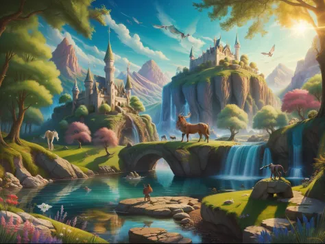 "A magical landscape full of life with mythological animals on a sunny day of fantasy".