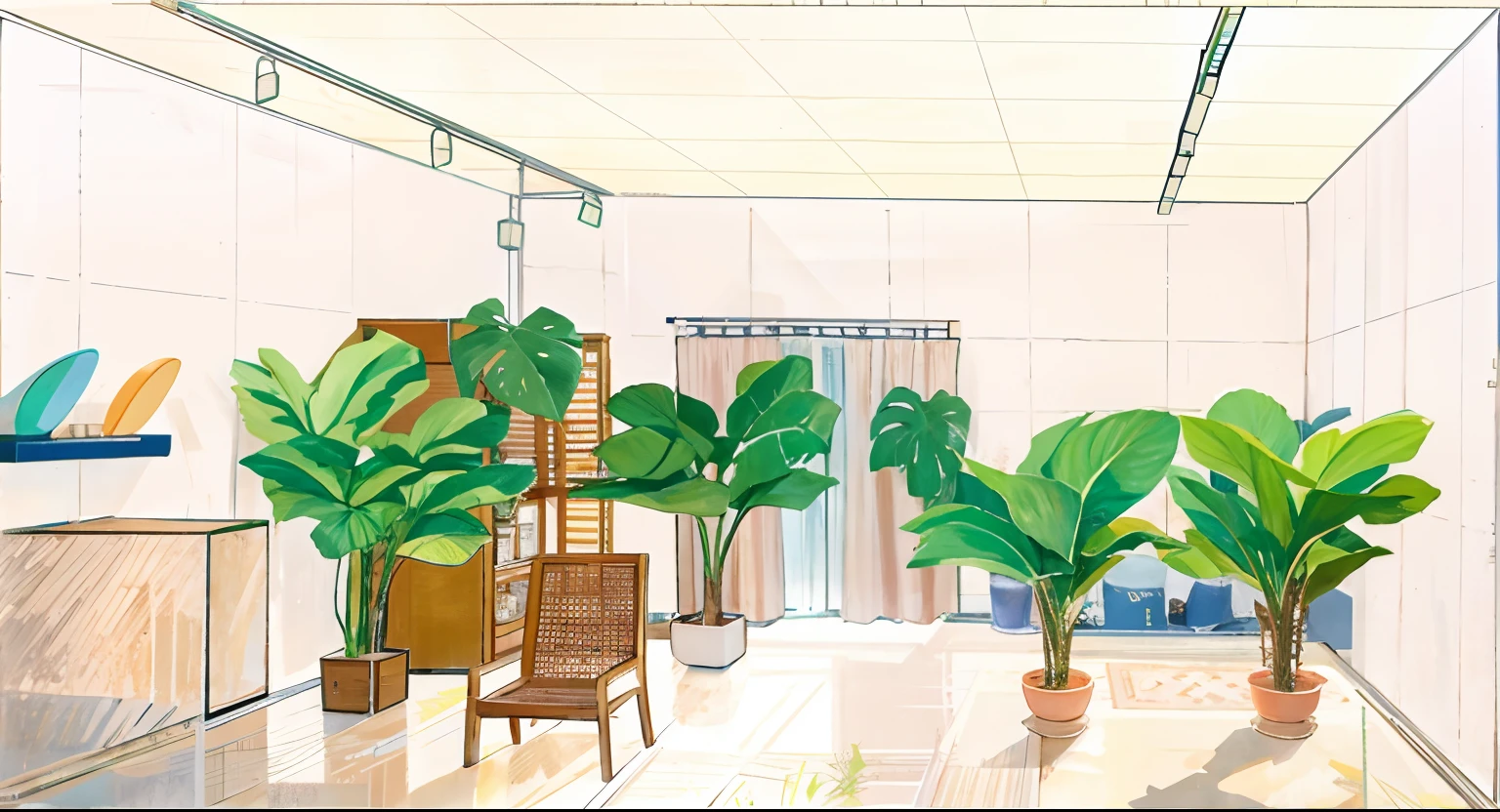 傑作、最高品質、無錫1GIR、 啓発する, 椅子, とテーブル, セットデザイン, by Ayako Rokkaku, ショールーム, コンセプト画, エスタブリッシングショット, 鉢植えのヤシの木と, 舞台美術要素の裏側, 屋内シーン, 背景の大きな植物, 室内背景アート, 内部背景, 概念的なレンダリング, 詳細なセットデザイン, ジャングルの設定, より高い実数