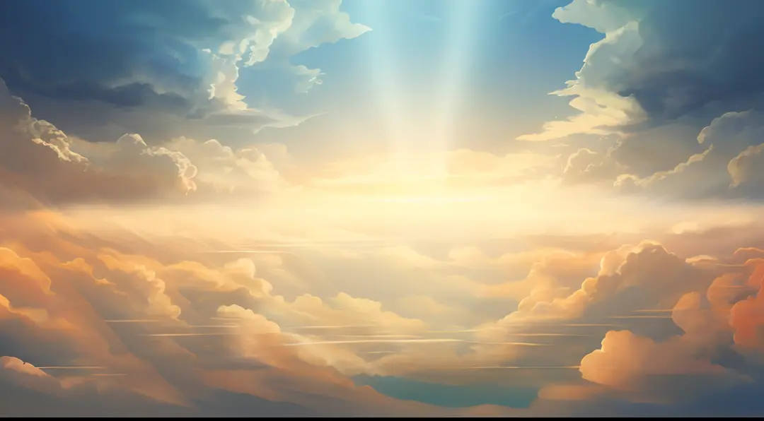 There is a painting of the sky with clouds and airplanes, luminous sky heaven background, paradise background, heavenly light, among heavenly sunlit clouds, rays of god shining from above, heavenly landscape, Bright light in the sky, background heavenly sk...