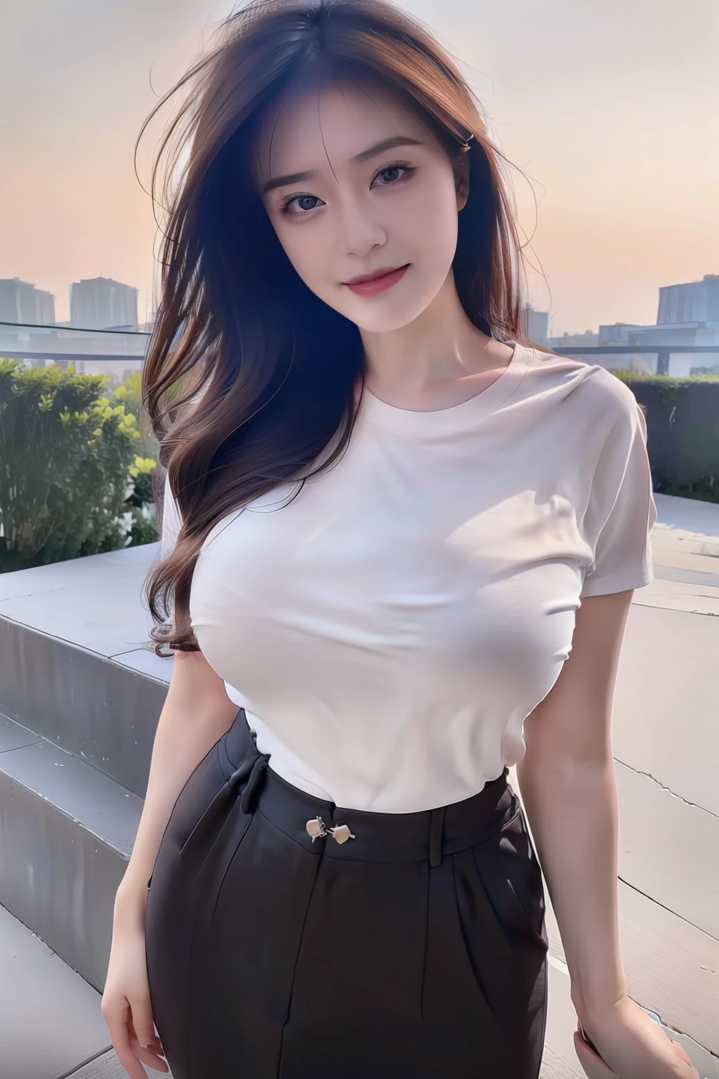 ((Midnight, Best quality, 8k, Masterpiece :1.3)), Whole body, Long legs, Sharp focus :1.2, A pretty woman with perfect figure :1.4, Slender abs :1.1, ((Dark brown hair,Gigantic breasts :1.2)), (White tight tshirt, Jean bib, Standing:1.2), ((Night city view, Rooftop:1.3)), Highly detailed face and skin texture, Detailed eyes, Double eyelid