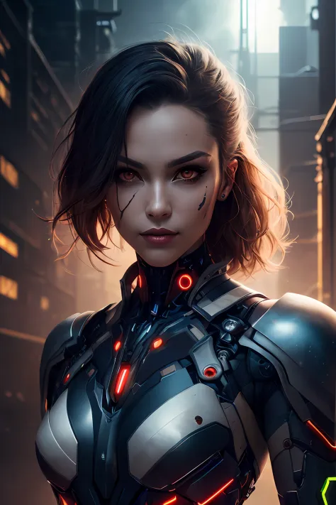 a beautiful woman cyborg warrior in the Style-RustMagic, cyberpunk augmentation, cyberware, cyborg, carbon fiber, chrome, implan...