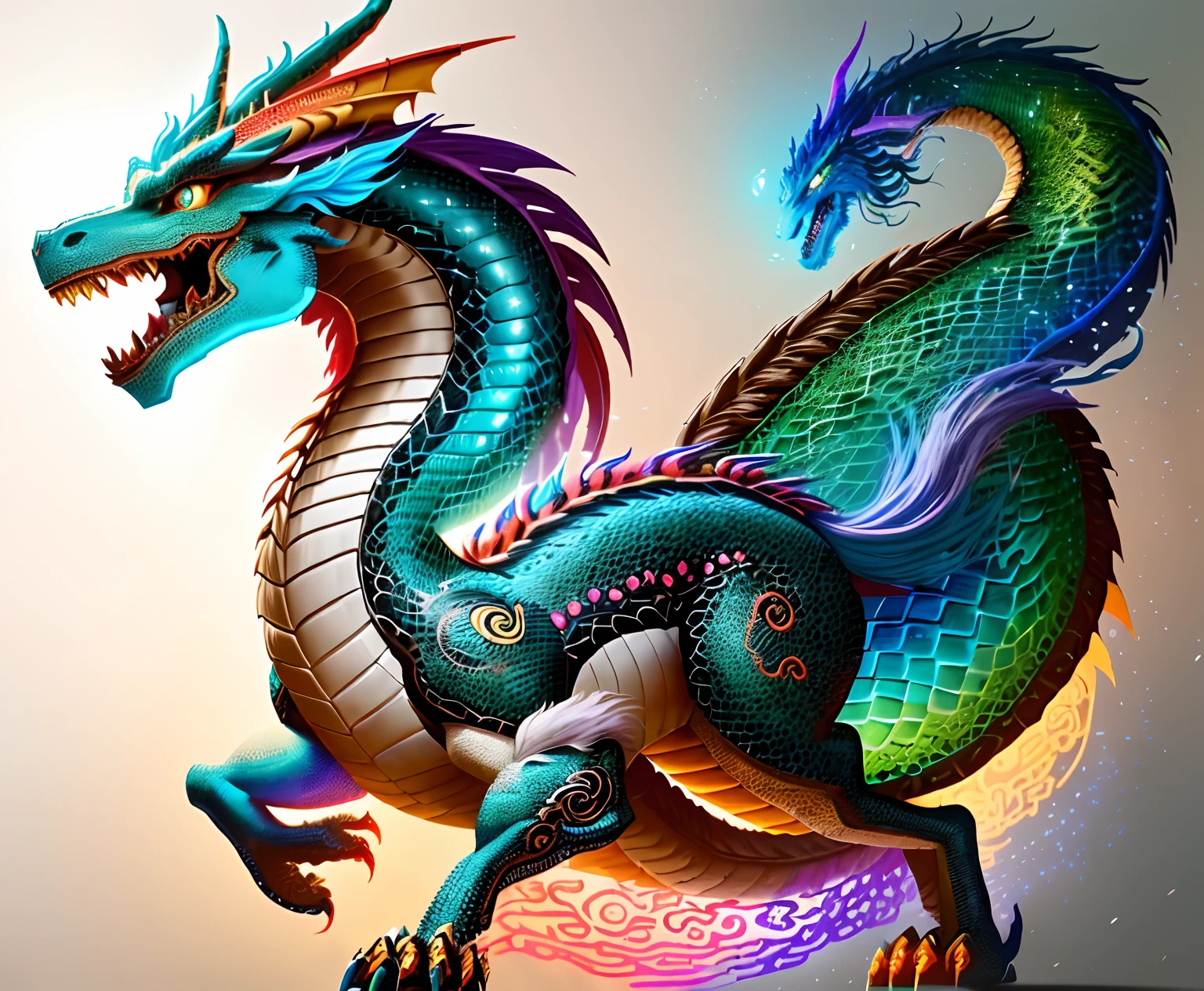 Brightly colored horses with a long tail and a tail with a long tail.., Mythical Creatures, chinese dragon concept art, smooth chinese dragon, cyan chinese dragon fantasy, Mythical Creatures, Fantasy Creatures, Rainbow Fluffy Dragon, Digital paintings of Quetzalcoatl, anthropomorphic dragon, Chinese dragon, dragon art, as an anthropomorphic dragon