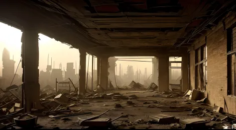 post-apocalyptic[city:3]interiors，wasteland,post-apocalyptic,desolate,barren,The ruins of tall buildings, broken cities，Huge piles of ruins of tall buildings，(ruined buildings:1.2),(cracked ground:1.1),(overgrown vegetation:1.1),survivor,(dusty clothes:1.1...