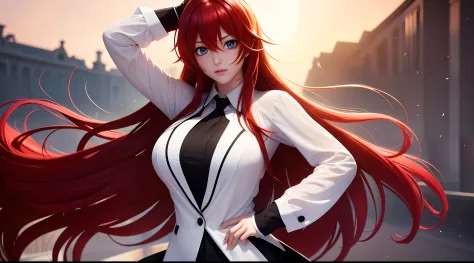 focused upper body, 1 girl, rias gremory, white shirt, black skirt, big breast bust, sparkling red eyes, (((school background)))...