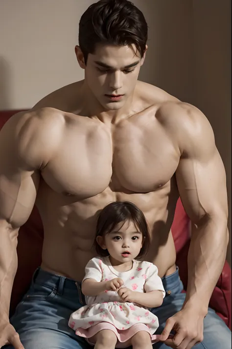 A man and a baby, Baby girl standing next to the man, This little girl is 10 years old, Good-looking muscles, Wide shoulders, Naked men exposed, nakeness, Men's brunette hair, Short hair, nakeness, Tall figure, Robust muscles, Cowboy shot, Anatomically cor...