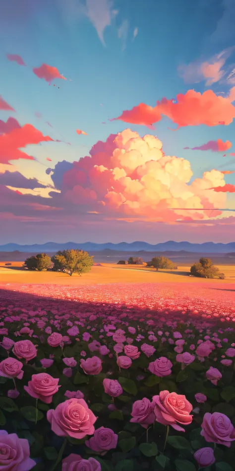 Summer, desert, pink clouds, a land overgrown with roses, James Gurney, art station rendering, ultra-wide lens, high definition