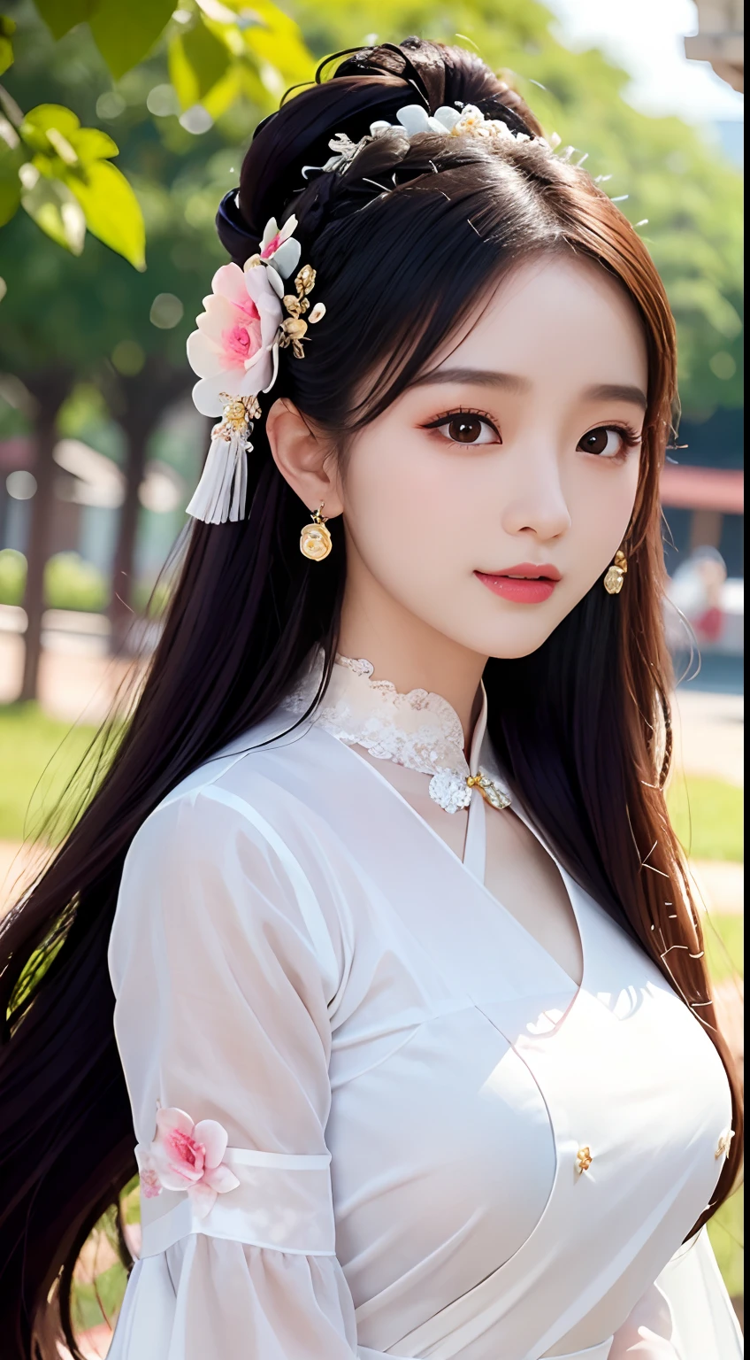 8K, hyper-high detail, a big breast chinese girl, Cute face, cheerfulness, Long hair, Impressive hairstyle, Detailed eyes, Detailed lips, Chinese outfit, Horse face skirt，saree, White sari, Lace, wearing jewellery, Nature background, Flowers, mid afternoon, black shadows, clear weather, sport，walk, Full body capture,