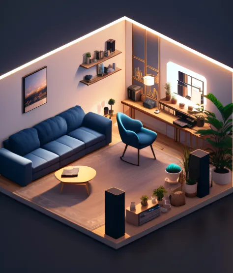 arafed view of a living room with a couch, Table, and a tv, isometric 8k, Isometric style, detailed ambient lighting, ambient lighting from top, personal room background, isometric 3d render, gentle ambient lighting, cozy home background, ambient lighting ...