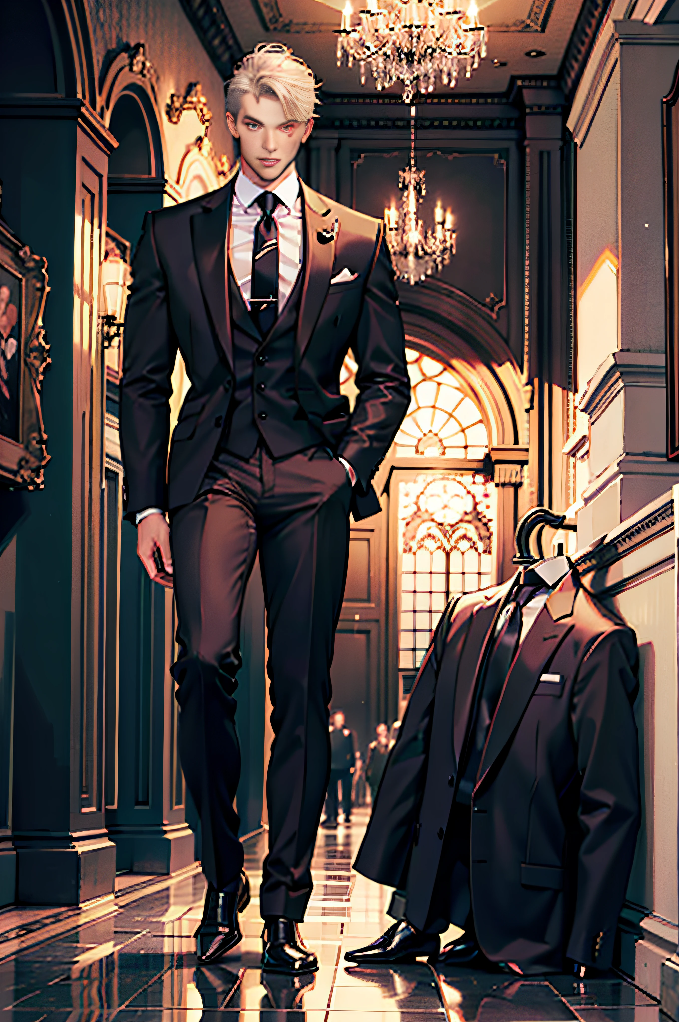 (absurderes, hight resolution, ultra-detailliert),1 male、Adults、a handsome、A tall man、broad shoulder、Detailed eyes and detailed face、top-quality, ​masterpiece, hight resolution、full body Esbian、Men in suits、the whole、an legs、to stand、Full body photo、formal suit、neck tie、gentleman