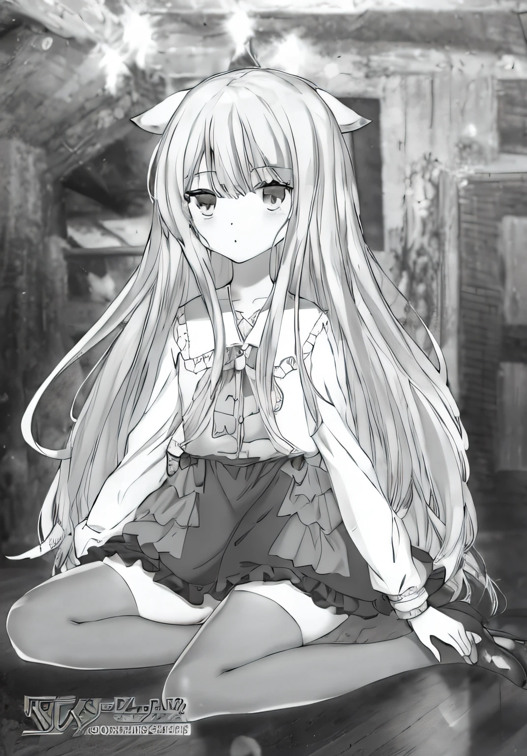 Anime girl sitting on the floor，With a knife in his hand, Holo is a wolf girl, Anime girl with long hair, black and white manga style, anime visual of a cute girl, holo if a wolf girl, small curvaceous loli, anime girl named lucy, Blonde anime girl with long hair, Black and white comics, up of young anime girl